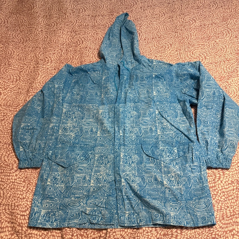 🔹 Vintage Pier 1 Passport Blue Geometric Hooded Jacket – One Size